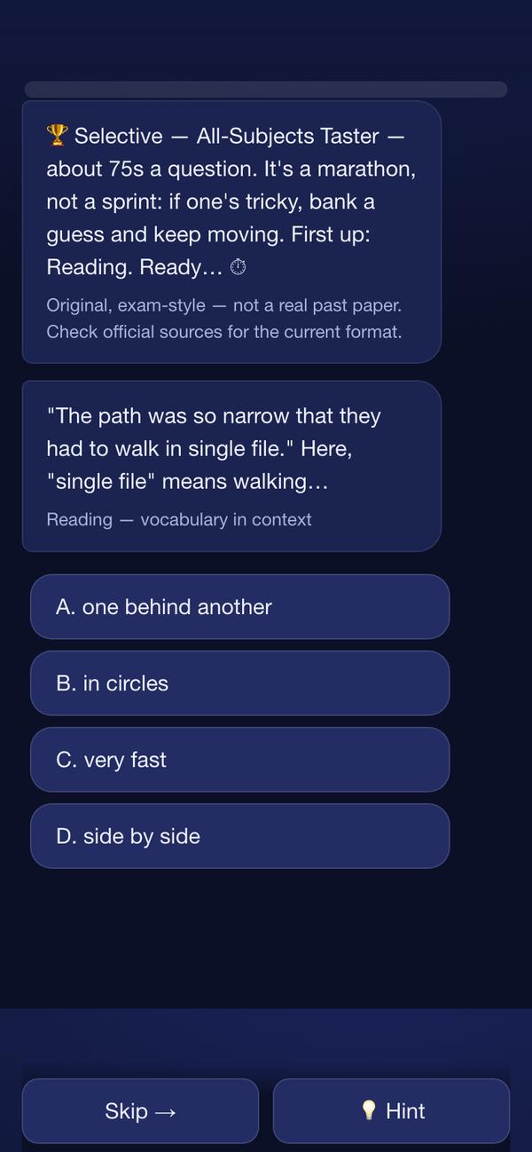 A timed practice question: a reading vocabulary-in-context item with four multiple-choice options and a note that the paper is original, exam-style material.