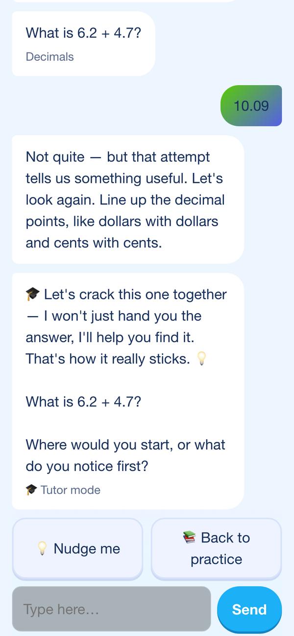 A SparkIQ maths lesson: the child answers 6.2 + 4.7 with 10.09; the tutor says 'Not quite — line up the decimal points', then offers to crack it together and asks 'Where would you start, or what do you notice first?'